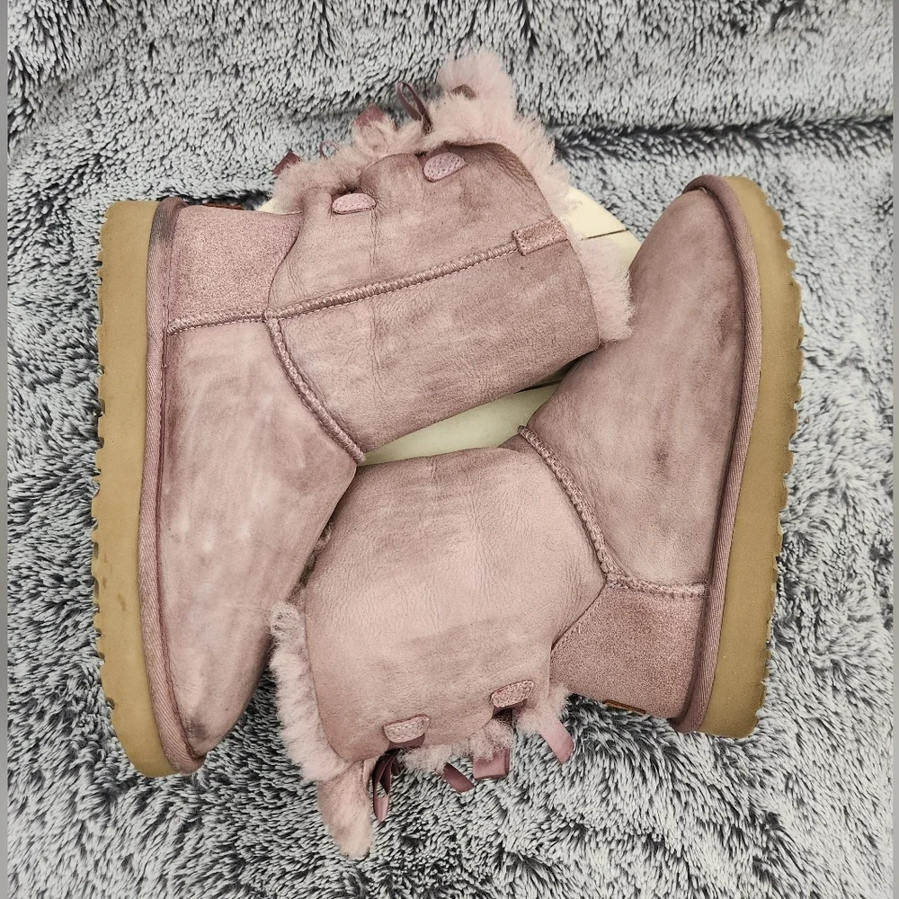 UGG Bailey Bow II Purple/Shadow Leather Sheepskin Boots Women's Size 7 - Picture 6 of 8